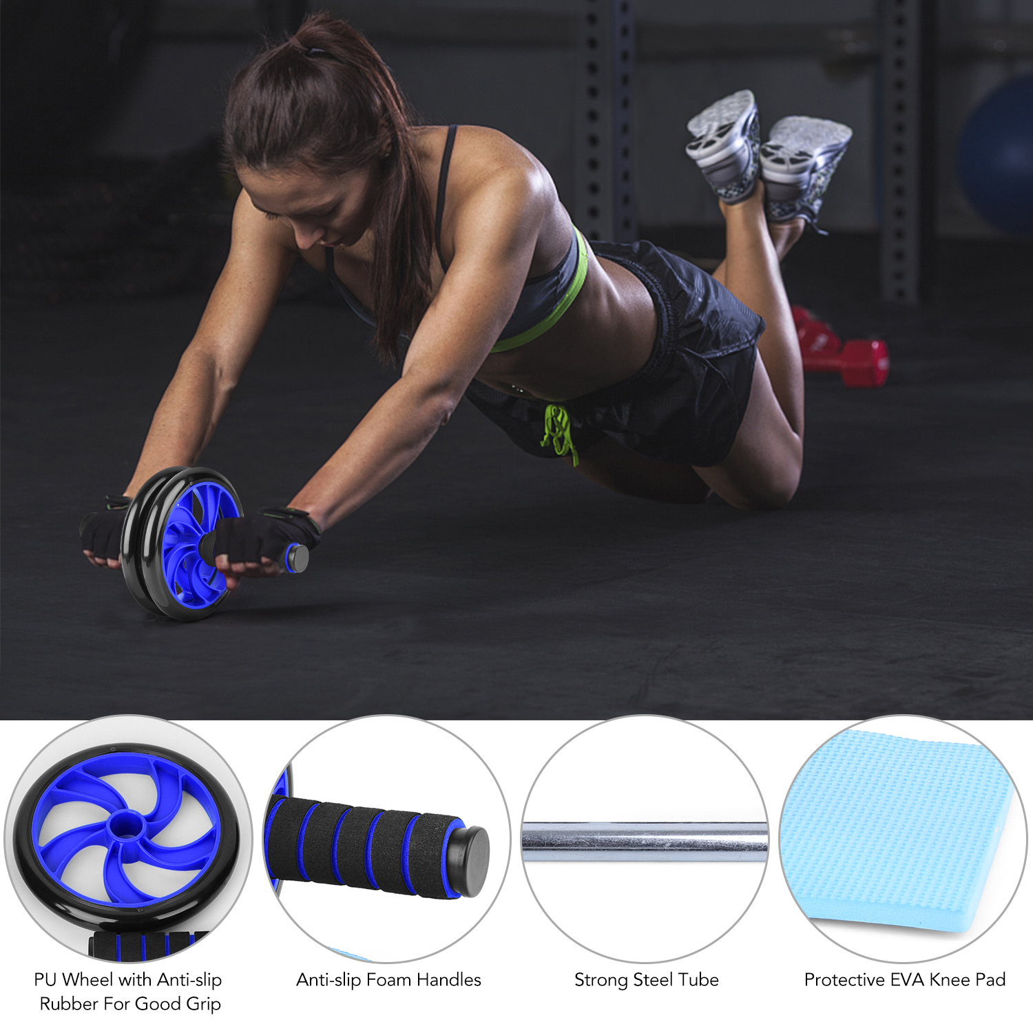 Bộ 8 dụng cụ con lăn tập bụng, dây nhảy, bánh xe lăn, đệm đầu gối ,thanh đĩa cho tập luyện