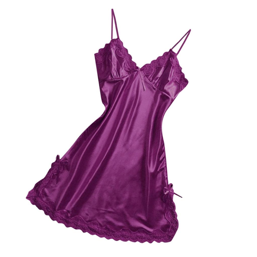 Womens Sexy Lingerie Sleepwear Satin Bowknot Lace Babydoll Cami Dress