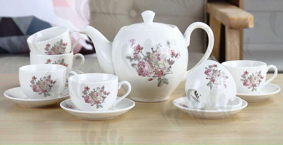Bộ cốc chén phà trà sứ camelia kèm 7 đĩa lót tách trắng họa tiết hoa hồng - ANTH463