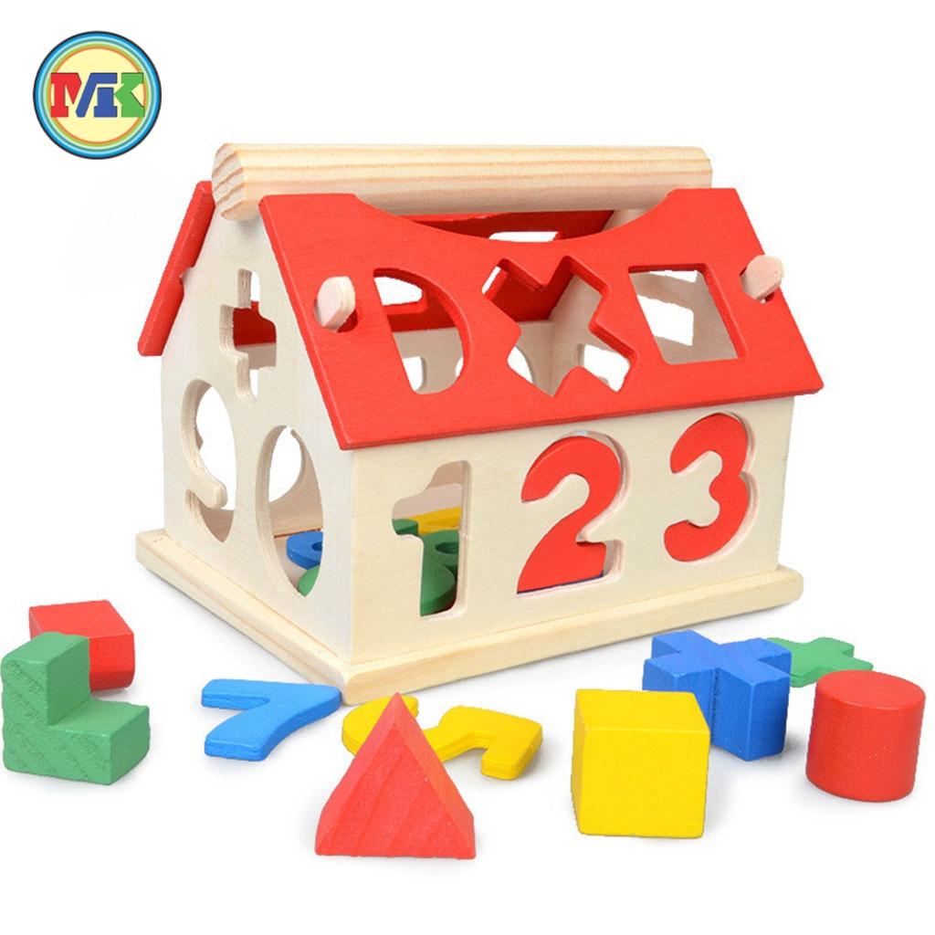 Đồ chơi Nhà Gỗ Thả Hình Khối, chữ số cho bé trai, gái 2 3 4 5 tuổi