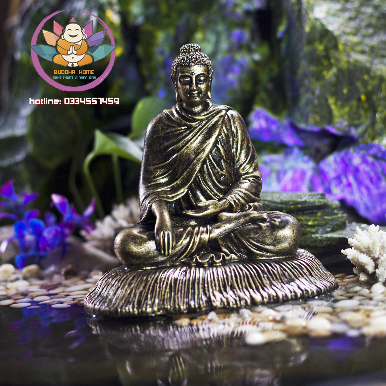Tượng Bổn Sư Thích Ca cao 21 cm mạ đồng cổ trang trí nội thất nhà cửa