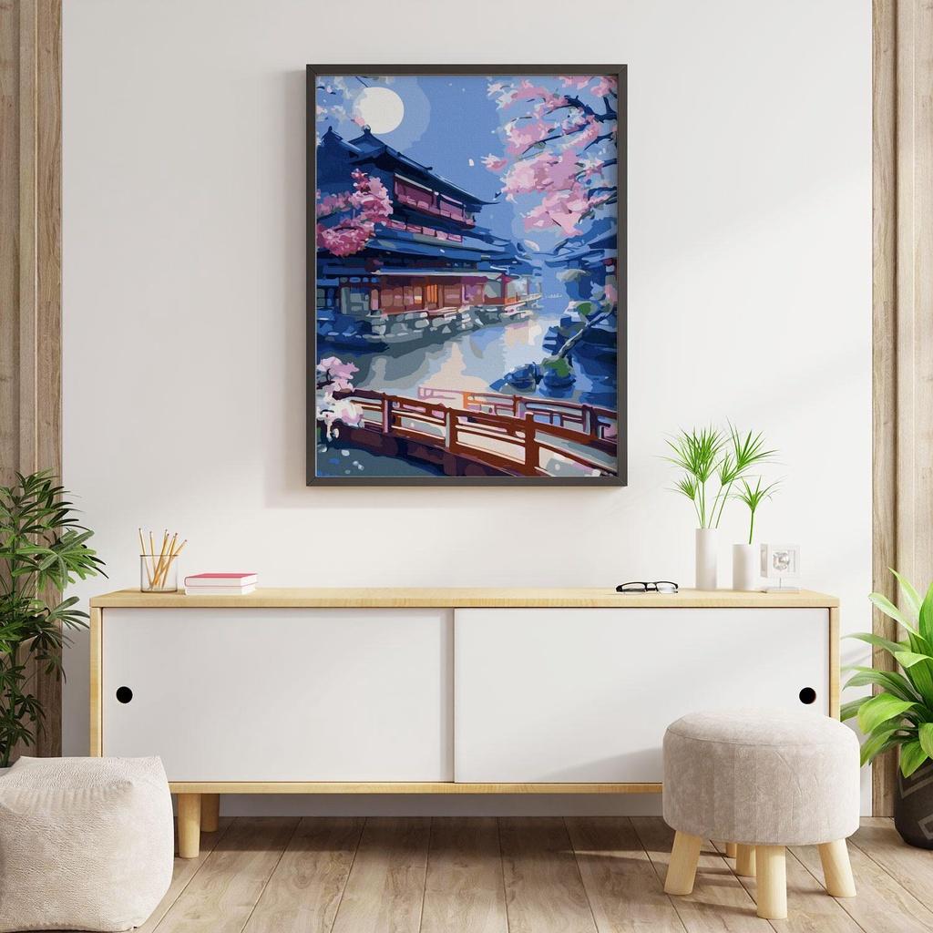 Tranh số hóa Đêm trăng anh đào đã căng khung 40x50cm