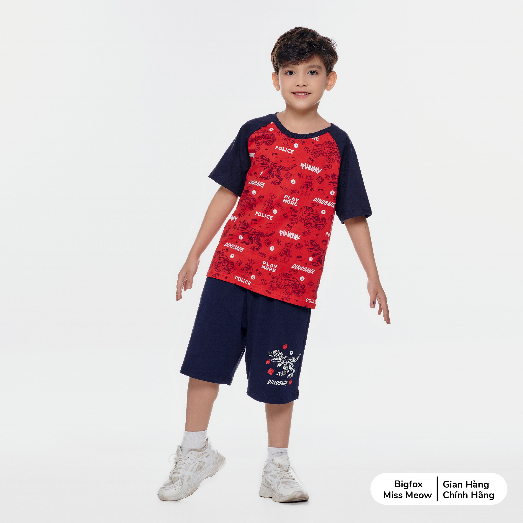 Bộ quần áo cộc tay bé trai Bigfox Miss Meow, chất cotton mặc hè size đại 3,7,9,11 tuổi 30kg 40kg