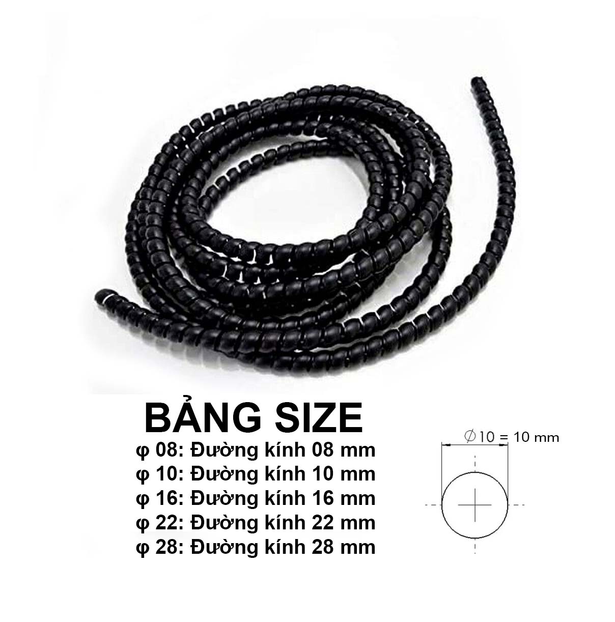 Cuộn dây xoắn ruột gà chống mài mòn, chống cuộn rối vòi nước rửa xe cao áp, dây bọc điện phi 6/8/10/12/16/20mm dài 4 mét