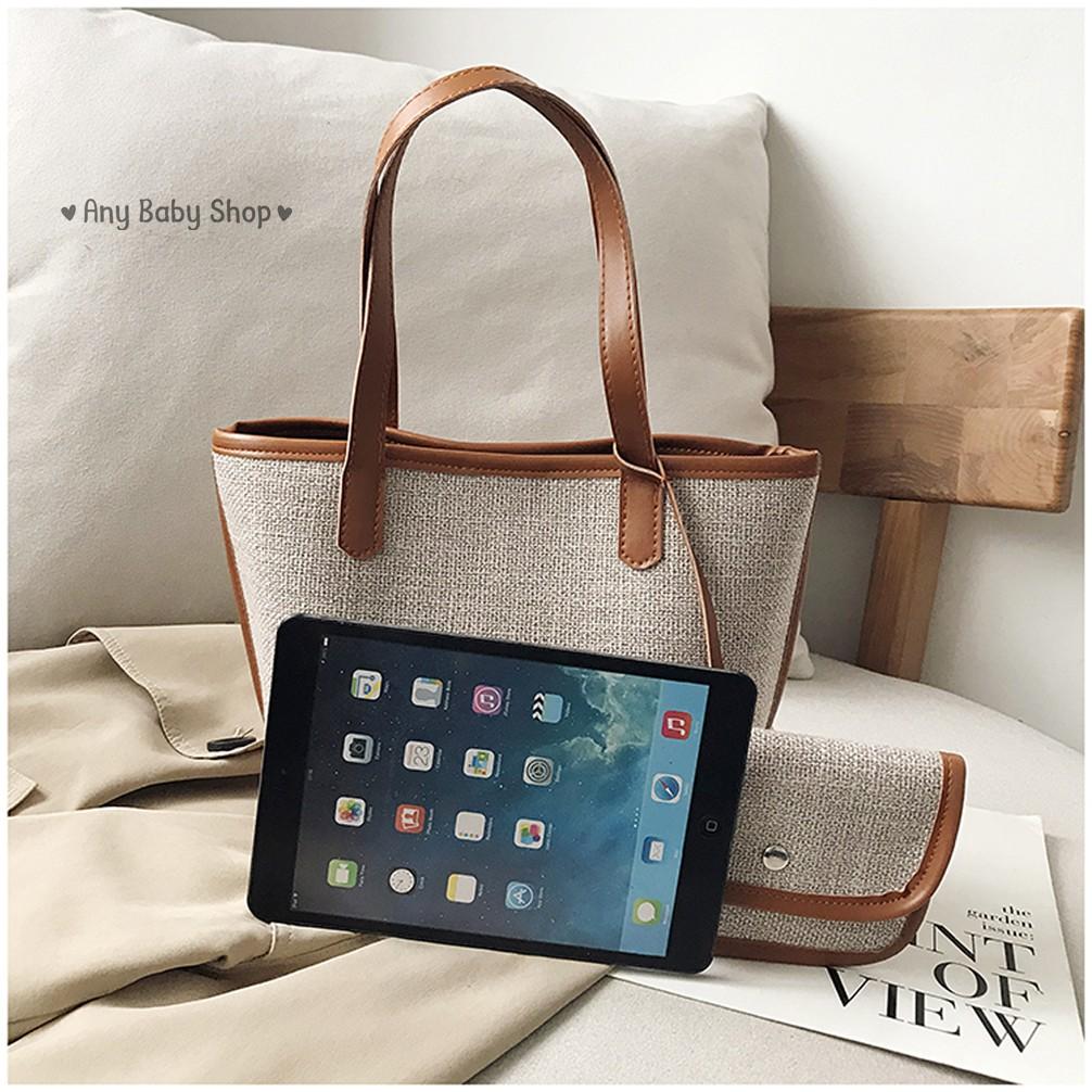Túi xách - đeo vai - vải viền da phong cách Ulzzang 2 trong 1 có 3 màu