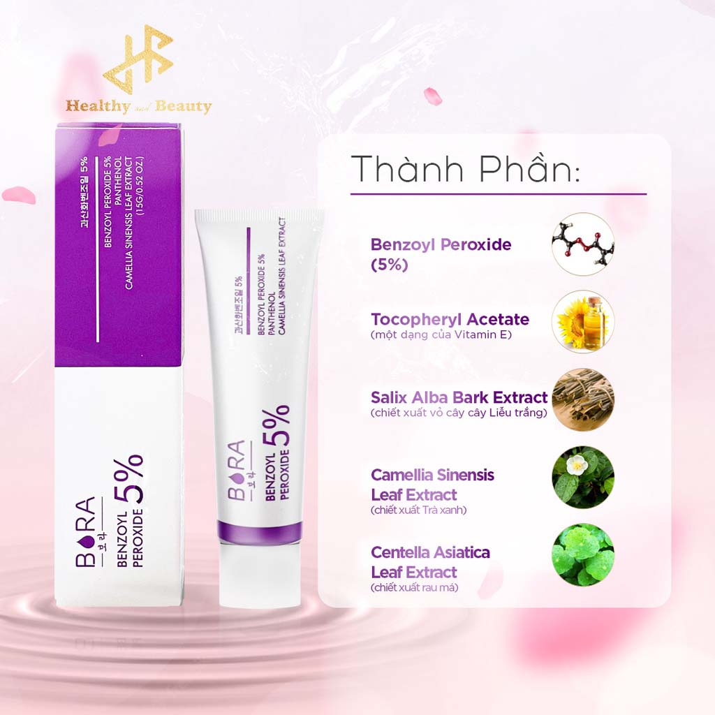 Gel chấm mụn Bora Benzoyl Peroxide 5% hoạt động mạnh mẽ tuýp 15gram