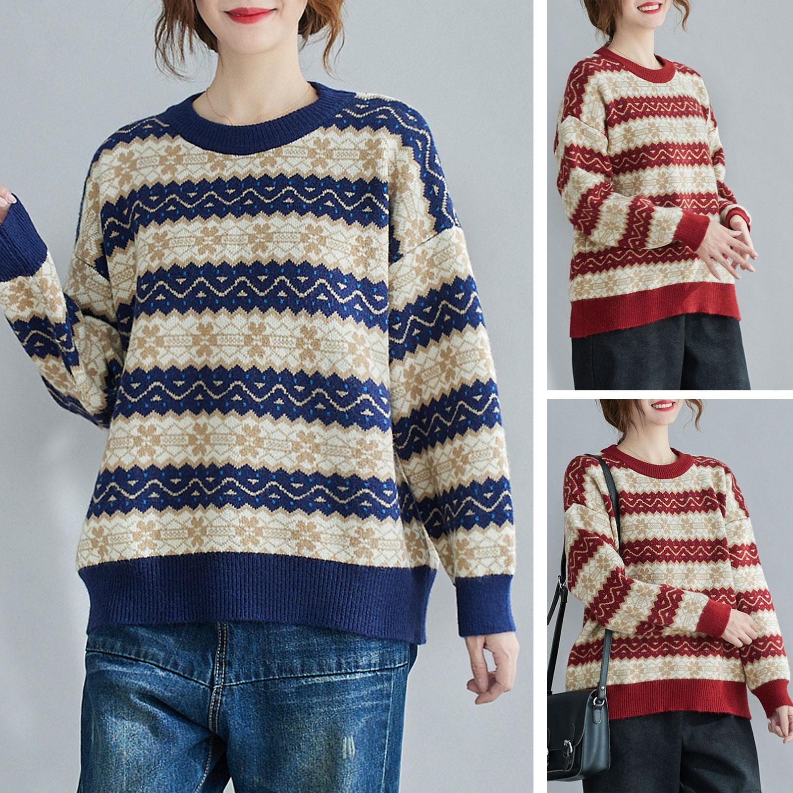 Women Warm Sweater Knitted Stripe O Neck Long Sleeve Drop Shoulder Pullover Sweatshirt Casual Loose Winter Blouse