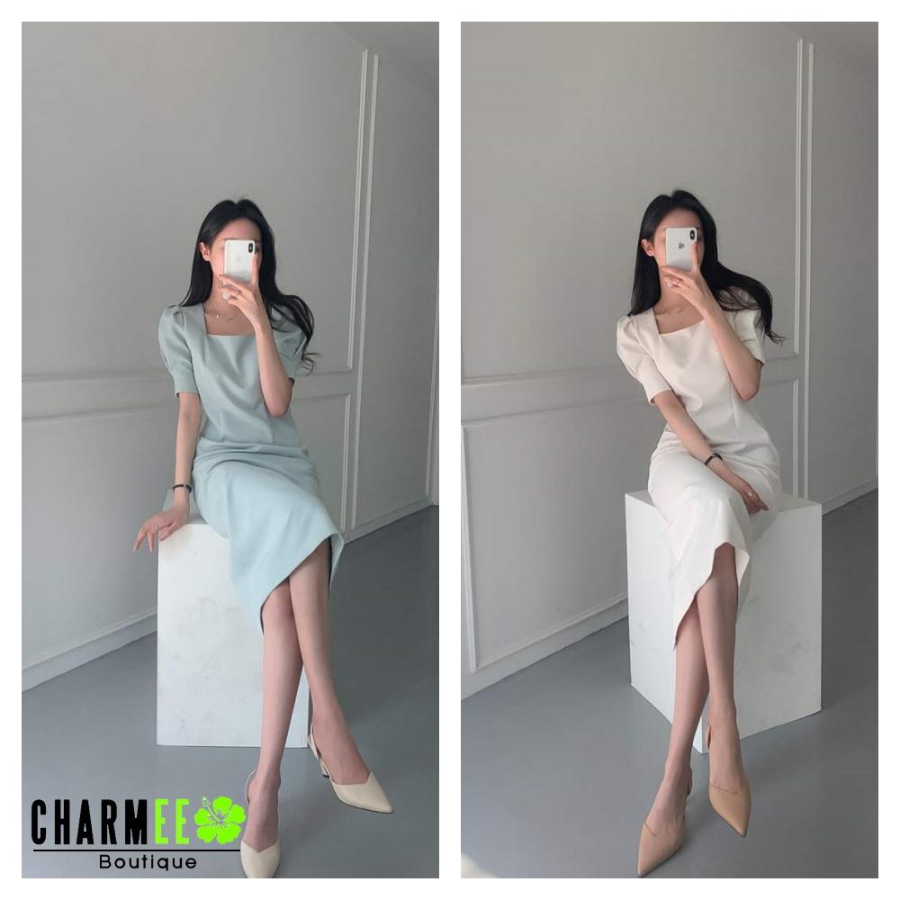 Đầm xanh cổ vuông dáng dài