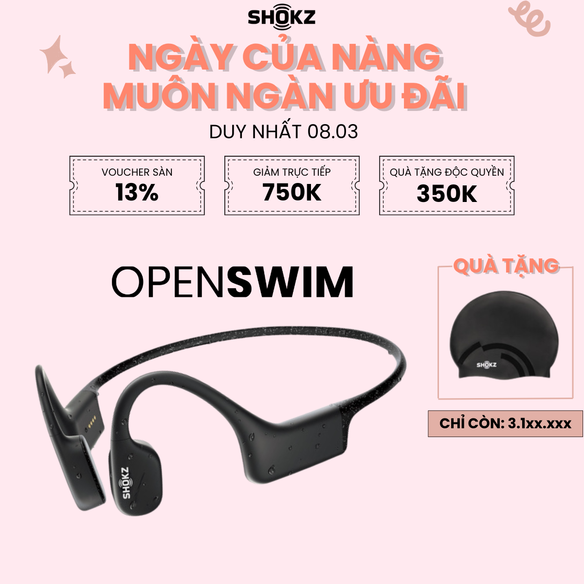 Tai Nghe Thể Thao Bơi Lội SHOKZ OPENSWIM - Truyền âm thanh qua xương Chống nước IP68 - Dung lượng lưu trữ 4GB cho 1200 bài hát - Hàng Chính Hãng - Màu đen