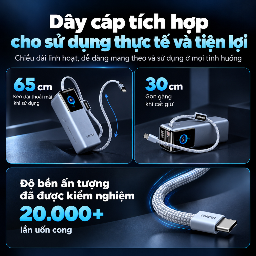 Sạc dự phòng Ugreen Nexode Pro Power Bank Built-In Cable 35cm 1USB 1Type-C 200W 25000mAh PB728 75702B - Hàng chính hãng