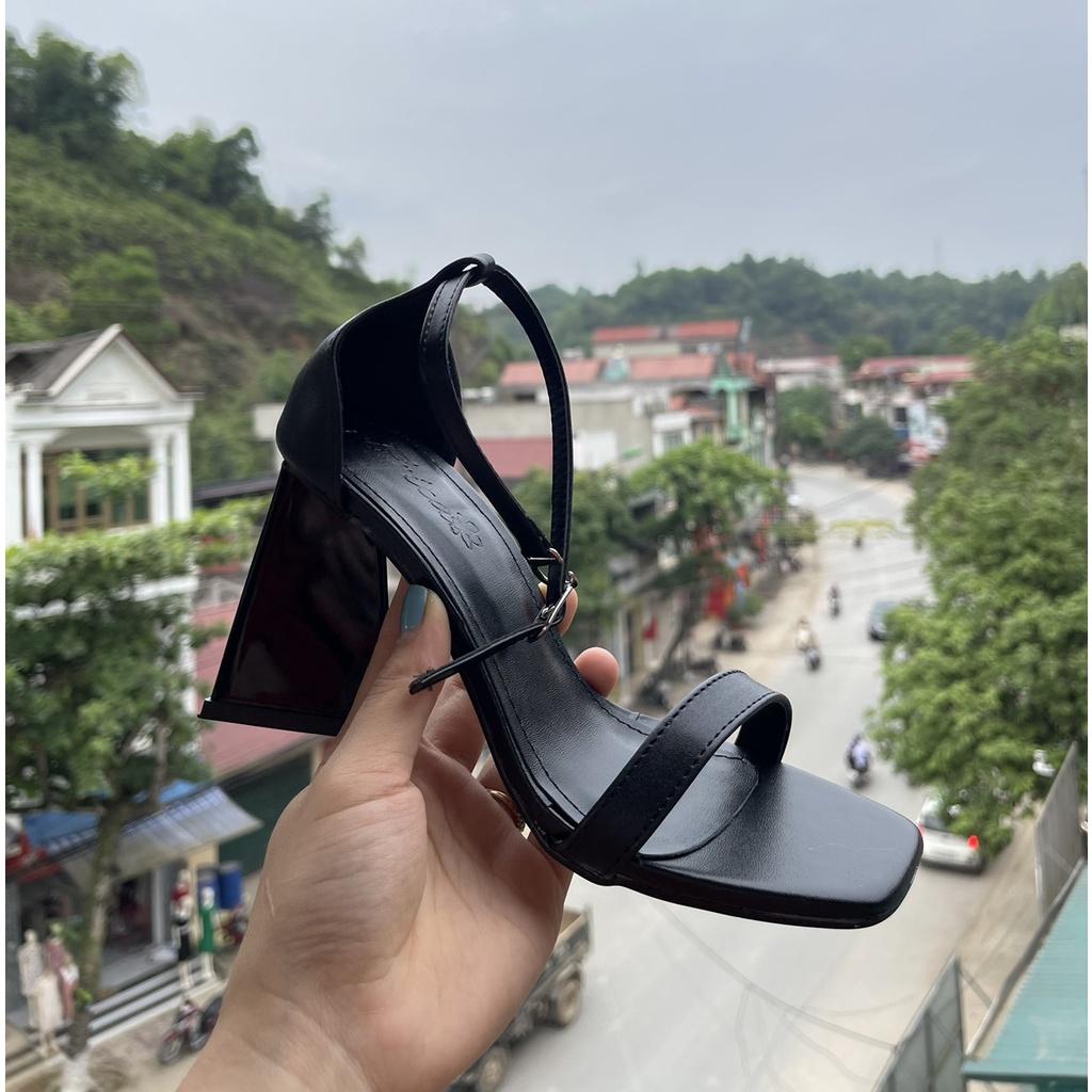 Sandal quai ngang da mịn trơn bít gót gót trụ tam giác to - 9P