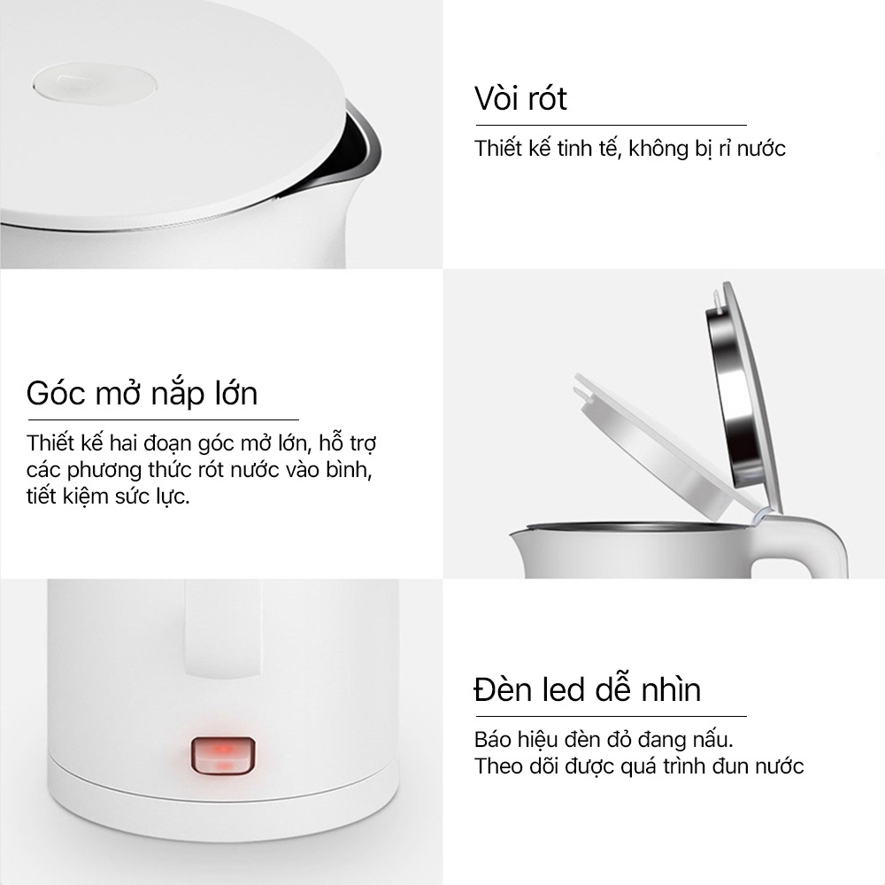 Ấm siêu tốc Xiaomi Mijia 1A - Đun sôi nhanh chóng, công suất 1800W, thép không gỉ, dung tích lớn 1.5 lít, tiết kiệm điện - Hàng chính hãng