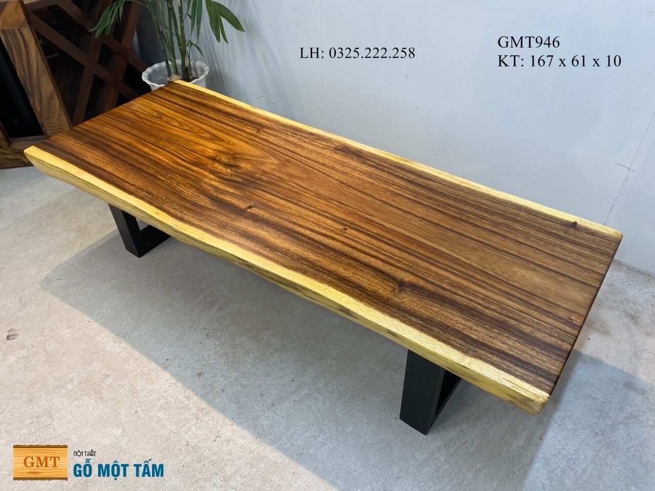 Bàn Gỗ Me Tây Nguyên Tấm, Bàn Sofa Gỗ Me Tây, Bàn Cafe Gỗ Me Tây Dài 1,67m Rộng 61cm Dày 10cm