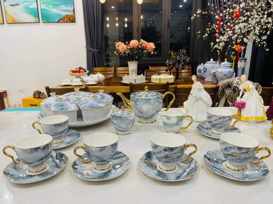 Bộ bình trà, cà phê sứ xương màu xanh vân đá kèm bình đường rót sữa viền vàng cao cấp