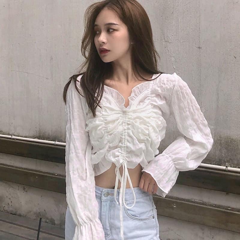 Áo croptop rút ngực tay dài thanh lịch