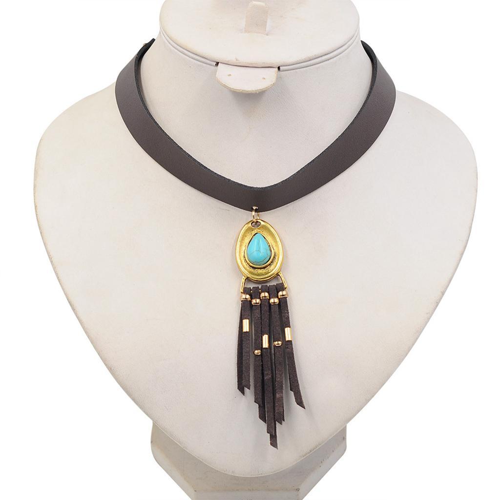 Women Bohemian PU Leather Choker Necklace Charm Pendant with Tassels
