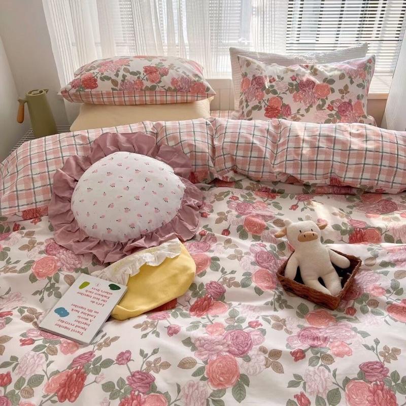 Set Cotton Living 100%cotton Hàng Nhập Khẩu Cao Cấp 4 Món Hoa Hồng Xanh Vintage