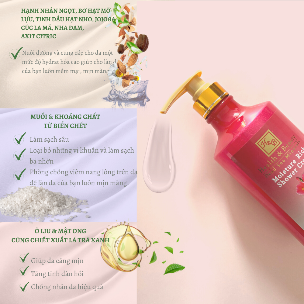 Sữa tắm dưỡng ẩm Health and Beauty Dead Sea Minerals Israel-Moisture Rich Shower Cream Orchid 780ml