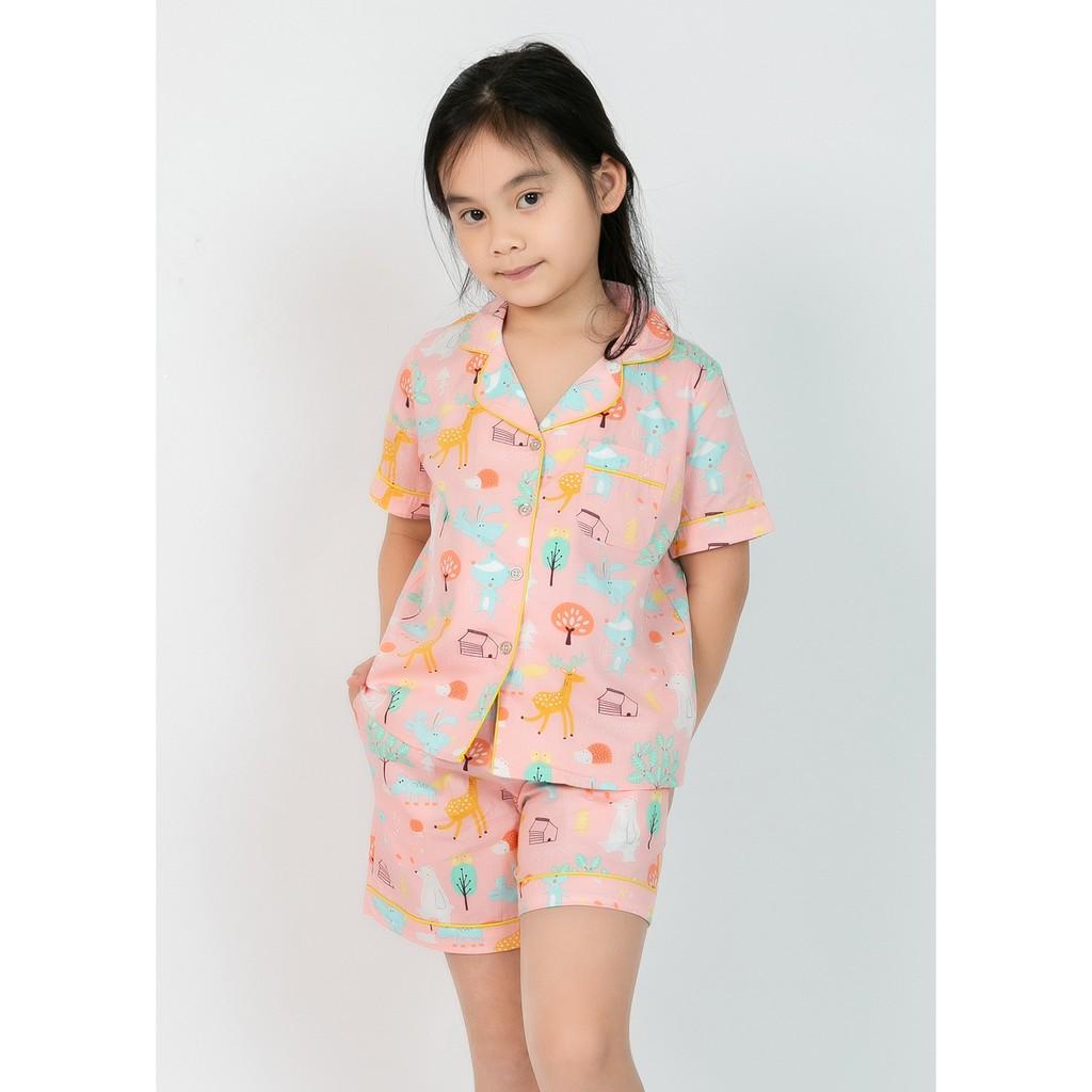 Đồ bộ pijama mẹ và bé áo cộc quần đùi màu hồng hình khu vườn