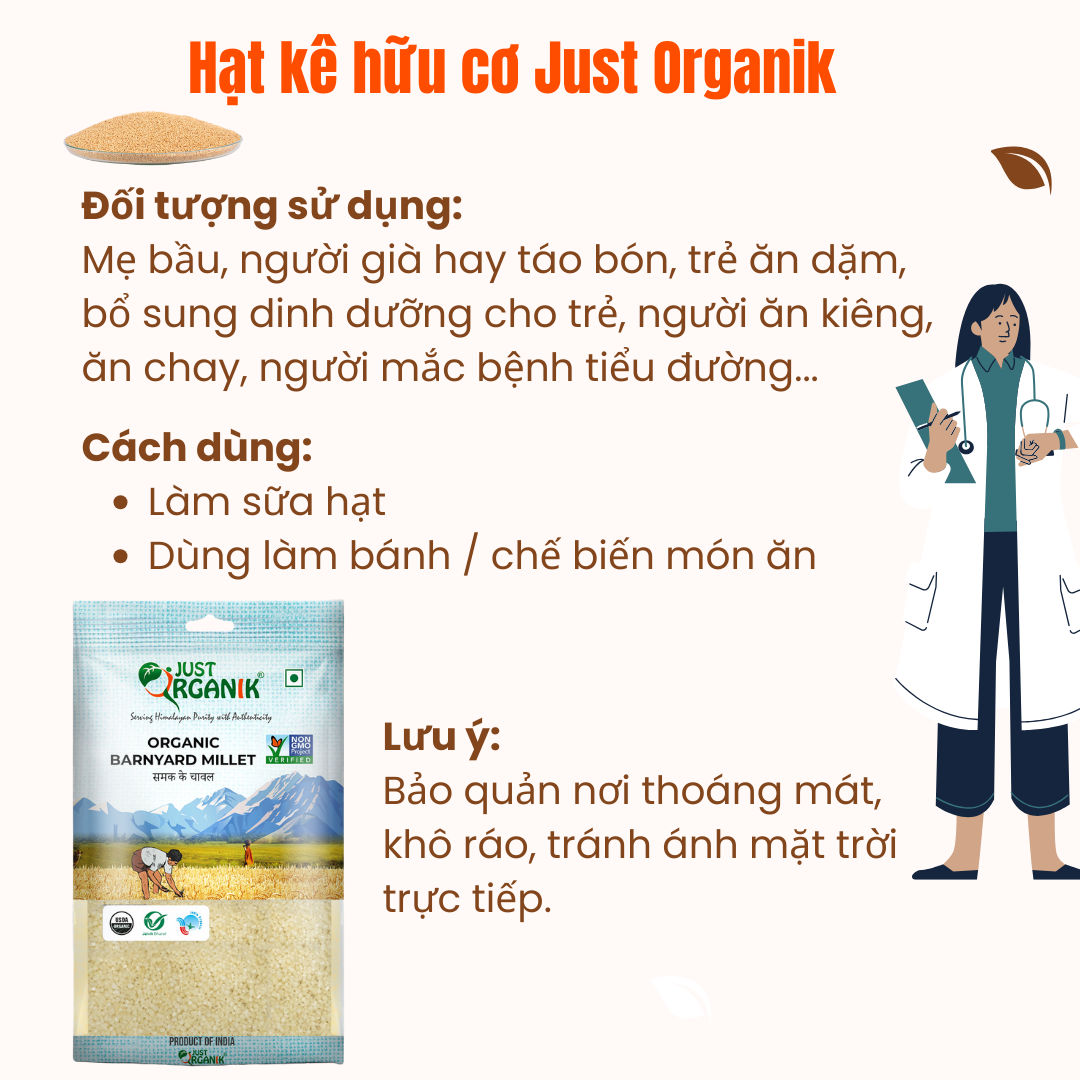 Hạt kê Hữu Cơ Tách Vỏ Barnyard Millet Just Organik Nhập Khẩu Ấn Độ Cho Người Ăn Kiêng 500g