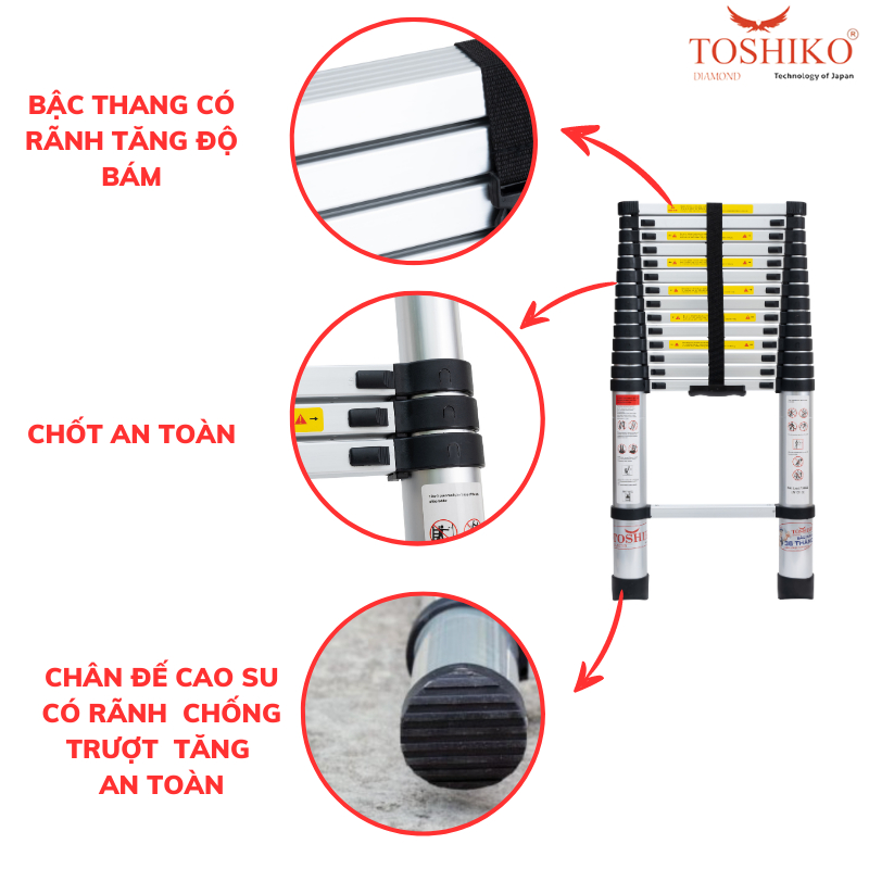 Thang Nhôm Rút Đơn Toshiko 5m4, 5m, 4m4, 4m1,3m8, 3m2, Khoá Chốt Tự Động An Toàn, Hàng Cao Cấp Bảo Hành 3 Năm