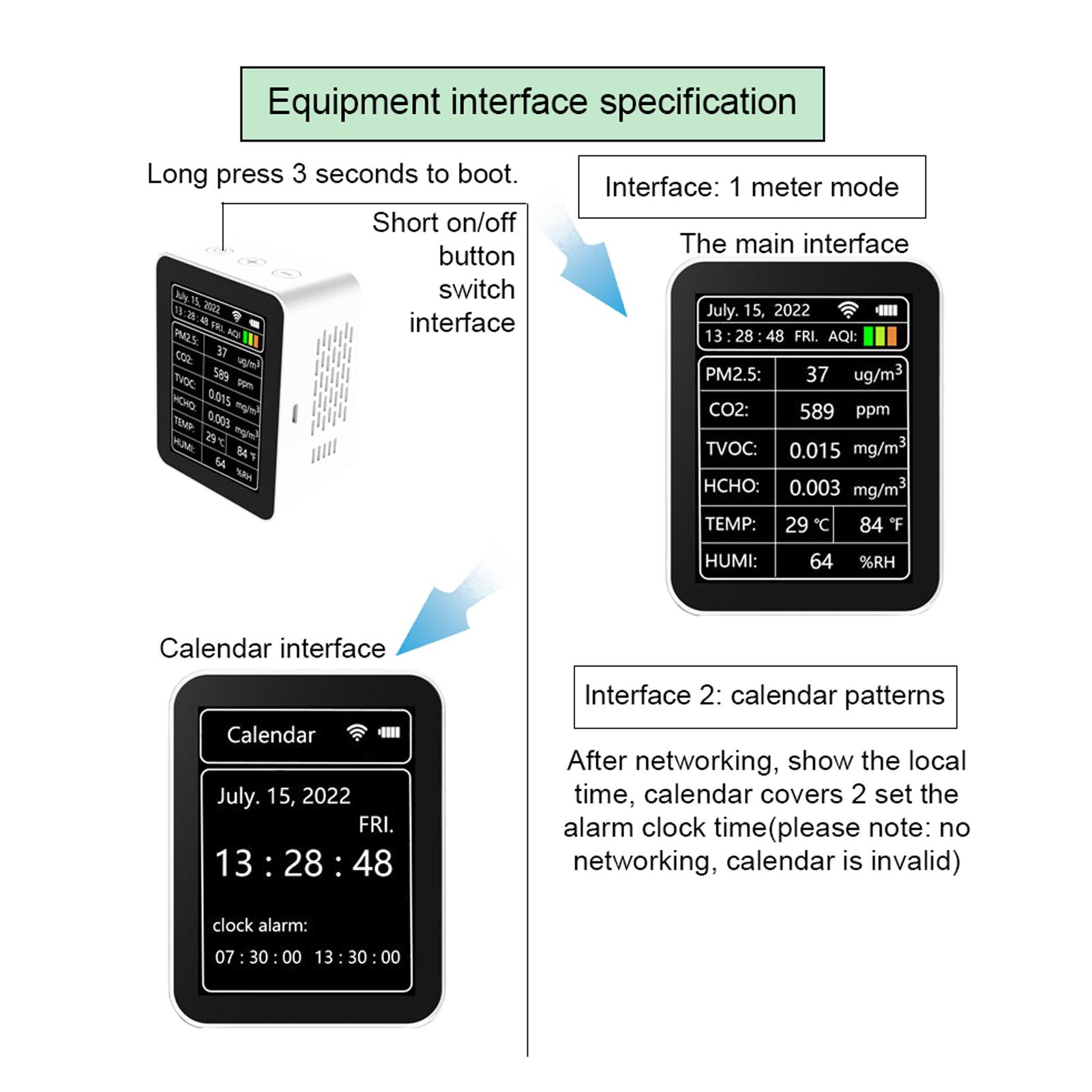 Tuya WiFi Intelligent Air Quality Detector PM2.5 CO2 TVOC HCHO Temperature Humidity AQI 7 In 1 Detector Time Date Week Display Mobilephone APP Remotes Viewing Home Indoor Desktop Air Quality Monitor
