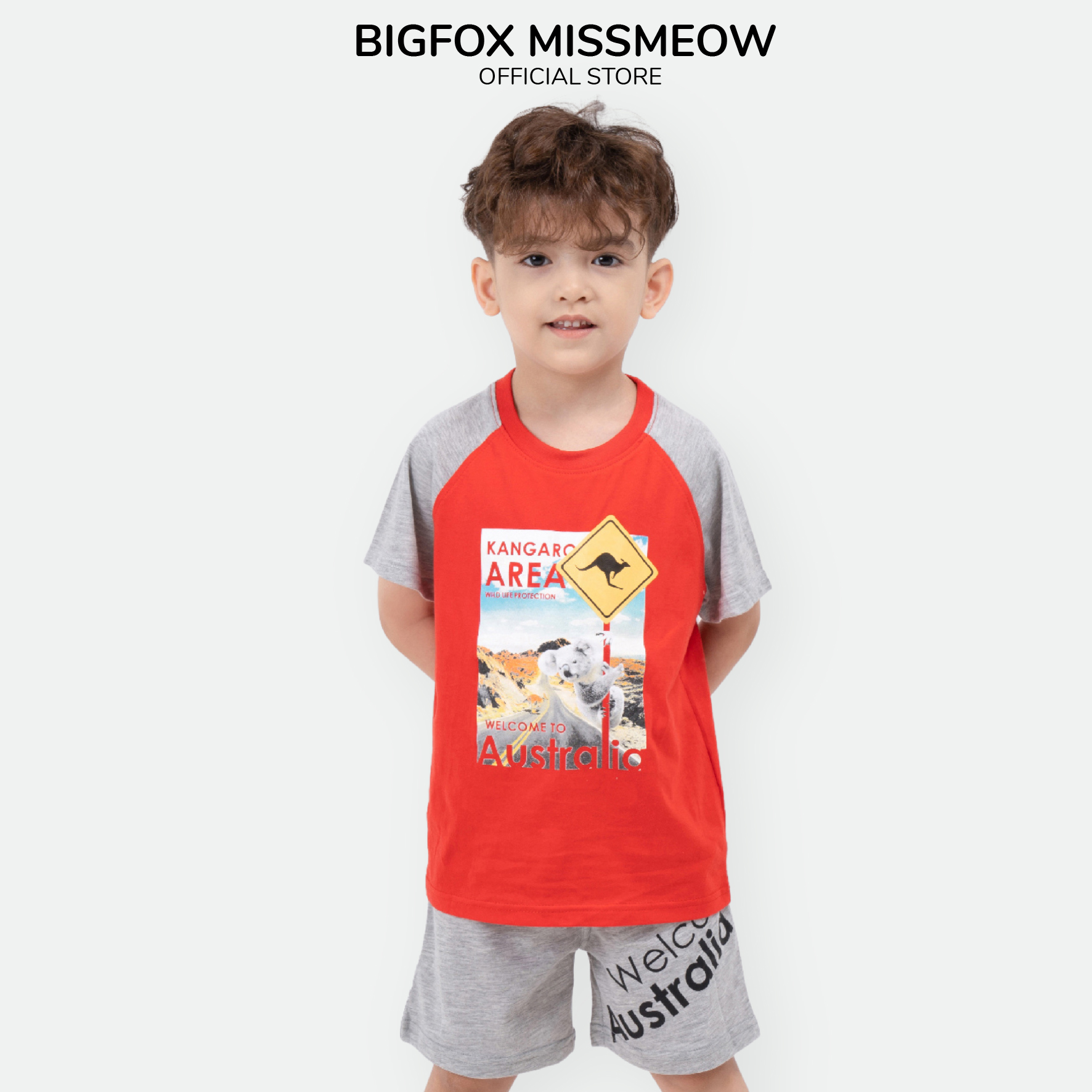 Đồ bộ bé trai cộc tay BIGFOX - MISS MEOW size đại chất cotton phong cách Âu Mỹ in hình Australia 11 - 37 kg QATE