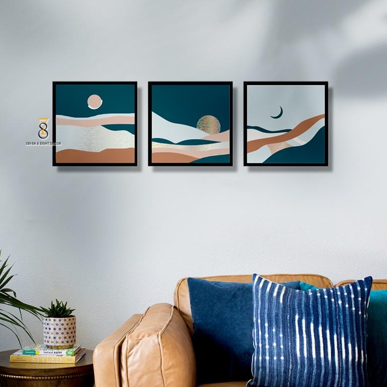 Bộ 03 Tranh Canvas | Sông.Trăng Abstract 3FSABS006 | Tranh Căng Khung Cao Cấp | Tặng Kèm Đinh Đa Năng