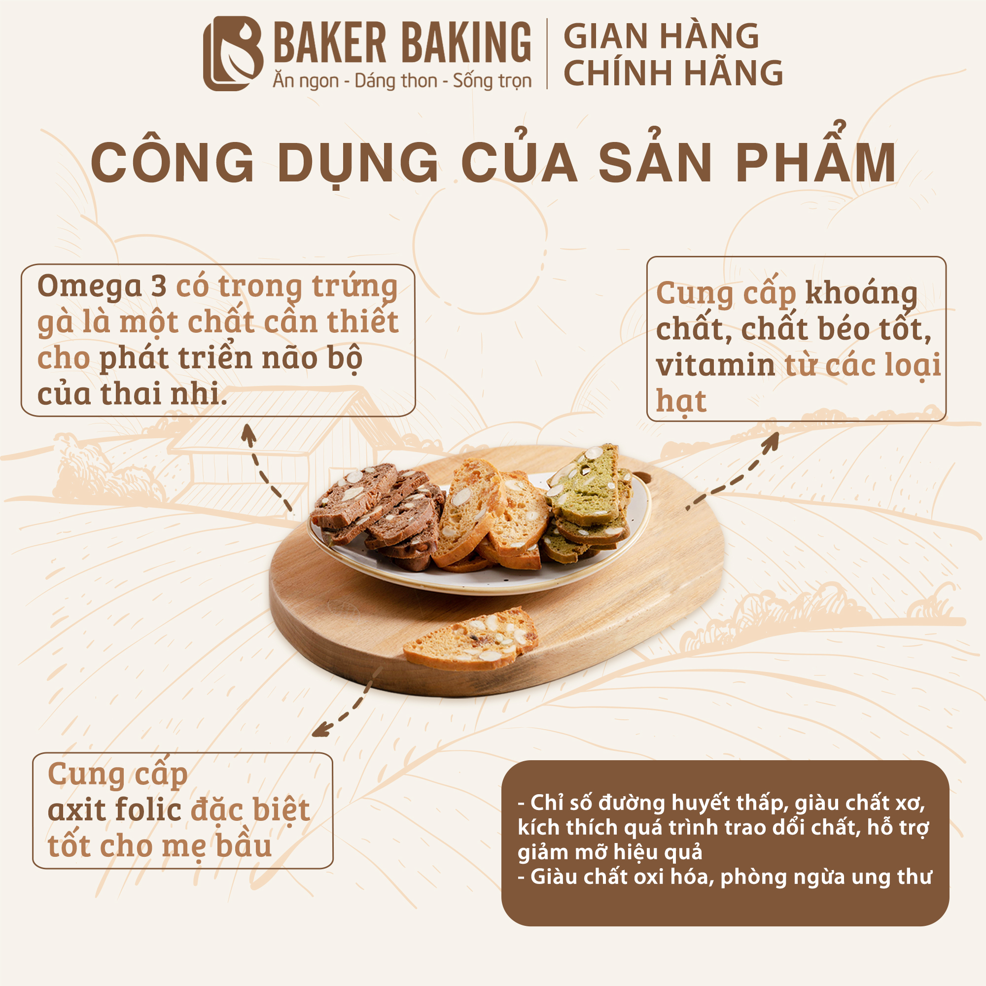 Bánh biscotti ăn kiêng Baker Baking nguyên cám mix hỗ trợ giảm cân dành cho người tiểu đường, eatclean 100g