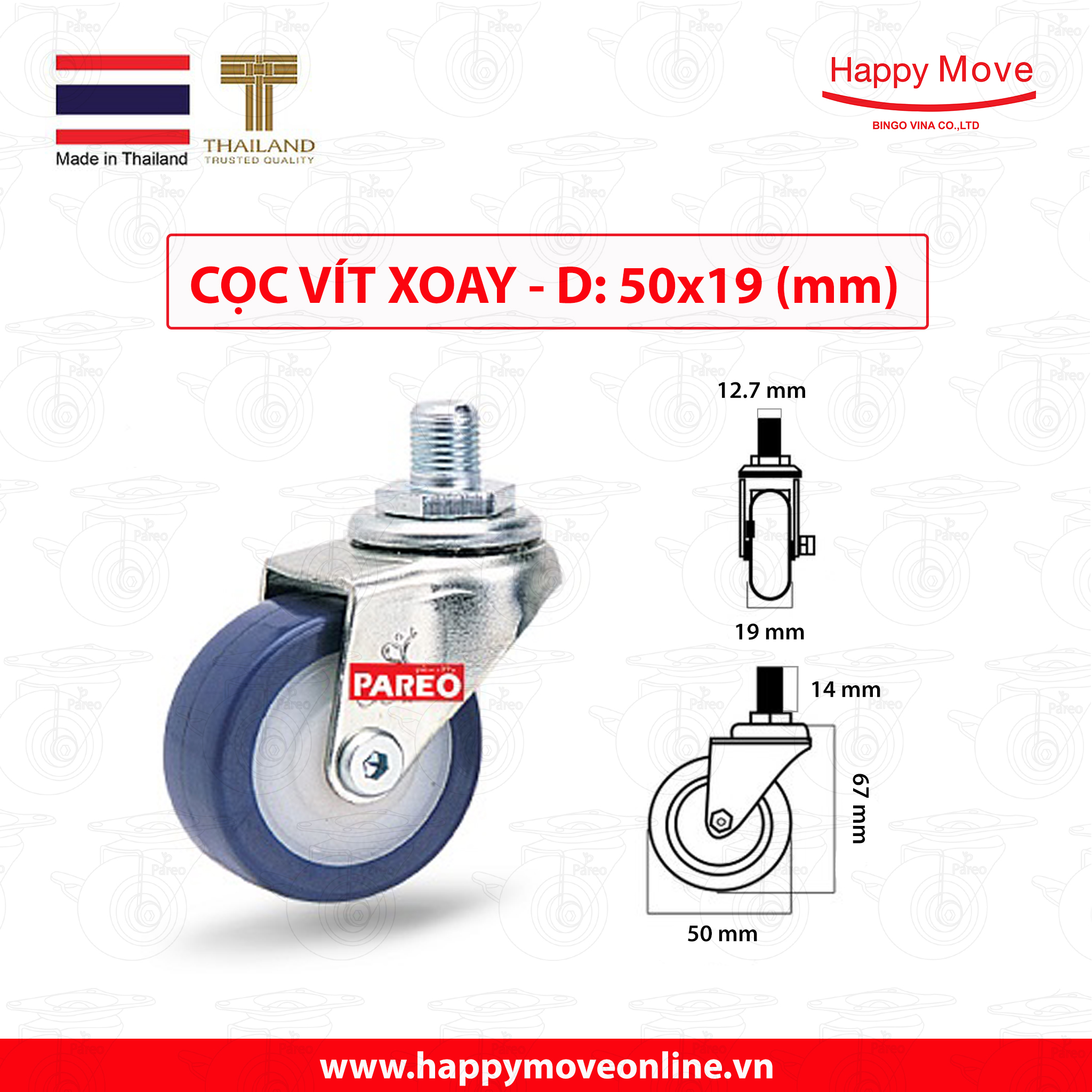 Bánh xe đẩy PU tải nhẹ cọc vít xoay 360 độ - 50-65-75mm - Happy Move Thái Lan