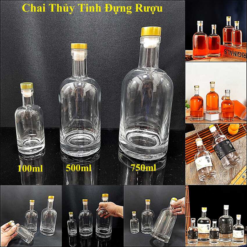 Chai Thủy Tinh Đựng Rượu (combo 3 cái 750ml + 500ml + 100ml) – Vỏ Chai Rượu Đẹp (B7 – C11 – F1)