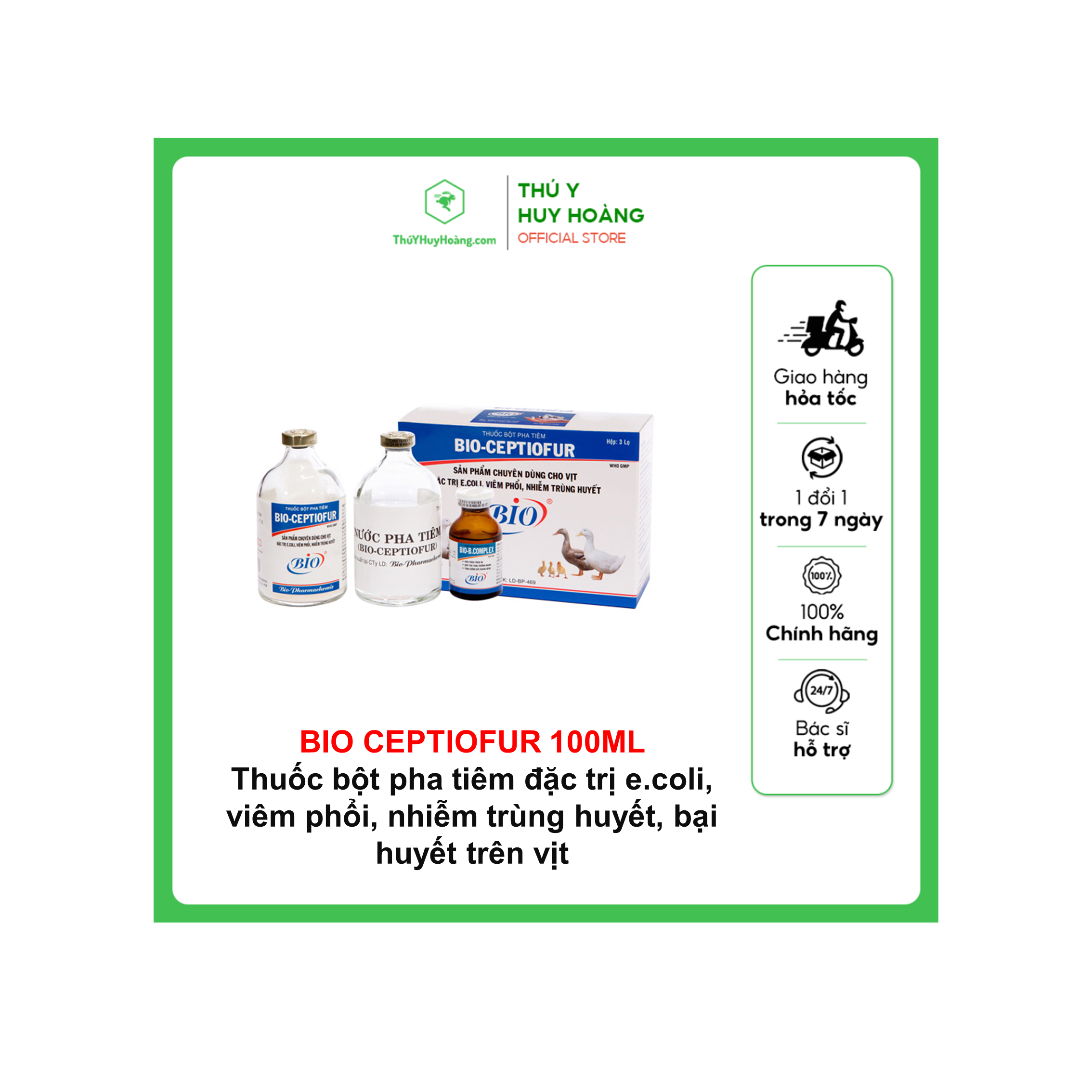 BIO CEPTIOFUR 100ML Thuốc bột pha tiêm đặc trị e.coli, viêm phổi, nhiễm trùng huyết, bại huyết trên vịt