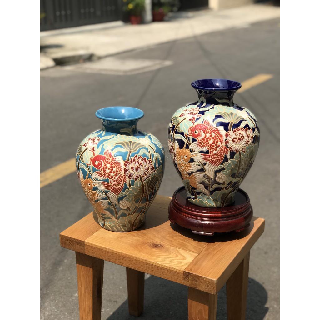 Bình Sen Cá Chép Gốm Sứ Thủ Công Nam Bộ Decor Trang Trí Cắm Hoa 34cm