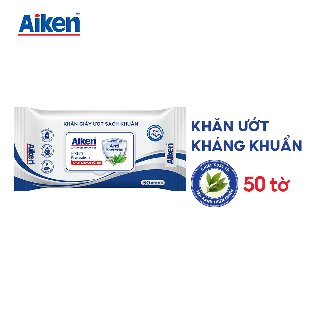 Aiken Khăn Ướt Sạch Khuẩn Chiết Xuất Trà Xanh 50 tờ