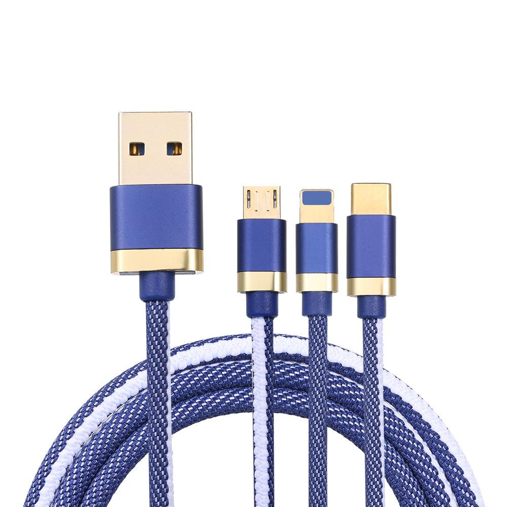 Cáp sạc 3 trong 1 có Micro USB / Type-c Thay thế cho iPhone Xiaomi Huawei Samsung Bện vải 1.2M