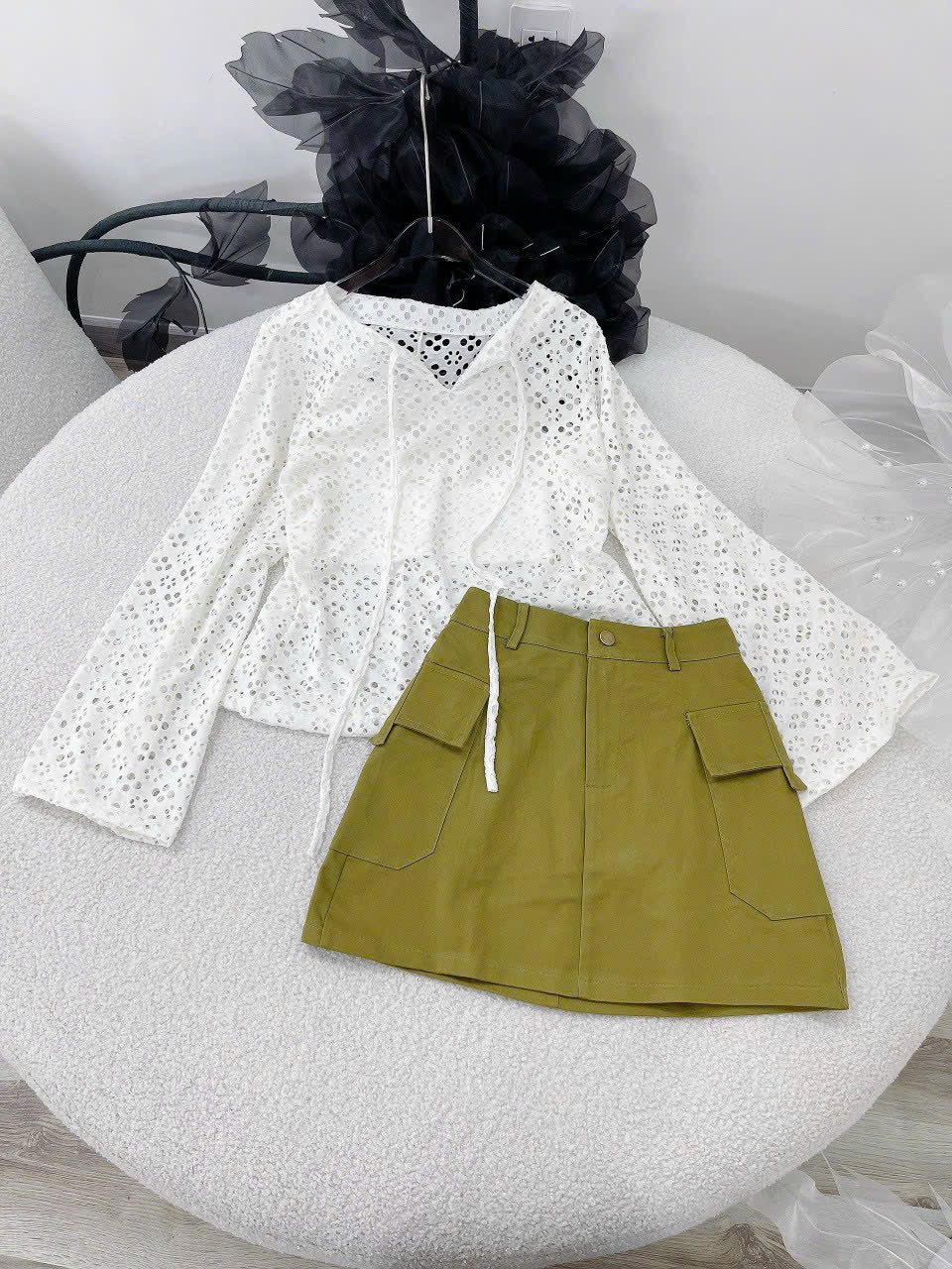 ĐẦM SET CHÂN VÁY NGẮN LƯNG CAO TÚI HỘP + ÁO LƯỚI TAY LOE DẠO PHỐ ĐI BIỂN DỰ TIỆC