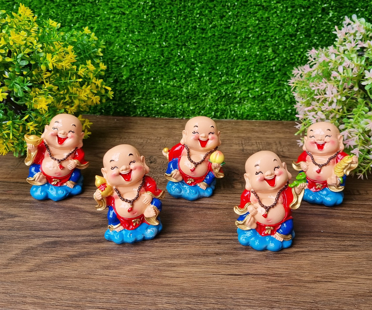 Bộ 05 tượng Di Lặc 7cm kèm chân đế Tài Lộc Phát - Ngũ Phúc Lâm Môn