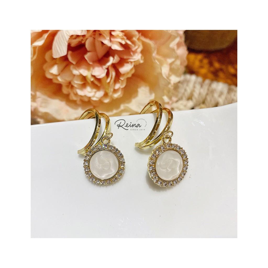 Khuyên tai nữ phong cách hàn quốc Bạc S925 hình học đính hạt cao cấp Reina