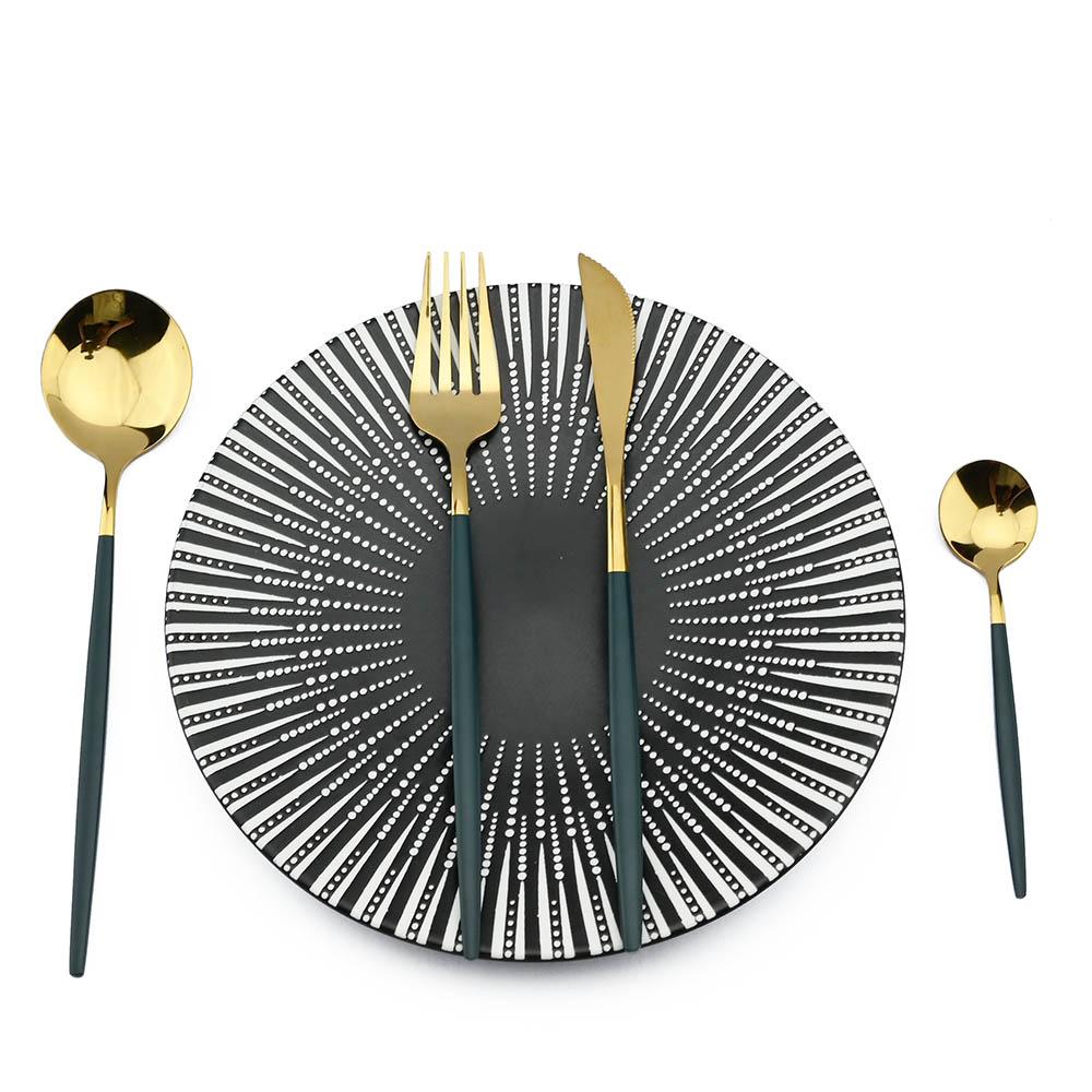24Pcs Inox Chén Ăn Bộ Nhà Bếp Xanh Vàng Bộ Dao Kéo Dao Muỗng Nĩa Phẳng Bằng Bộ Đồ Ăn Tối Giản Bạc