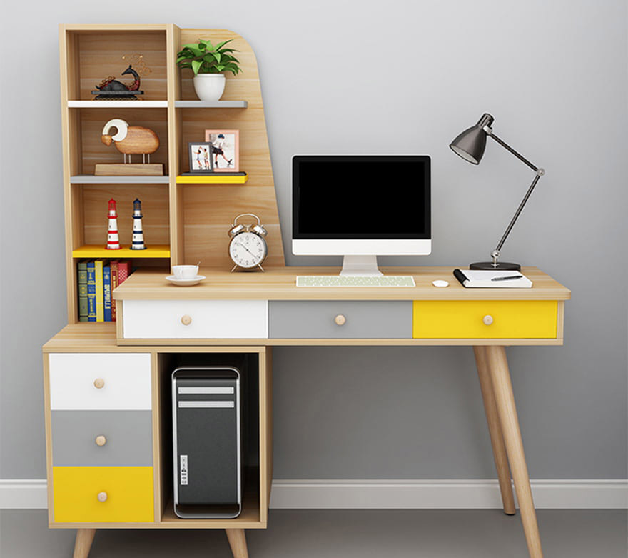 Bàn làm việc gỗ công nghiệp tiện lợi kèm giá sách