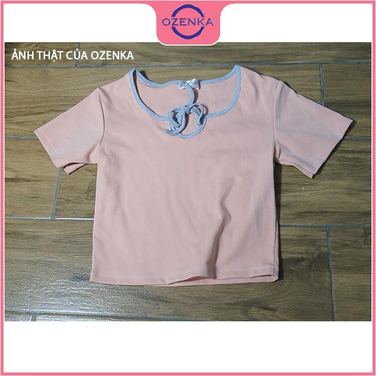 Áo croptop nữ ôm body tay ngắn , áo crt cổ chữ v phối nơ thun gân 100% cotton đẹp mịn mát free size dưới 50 kg