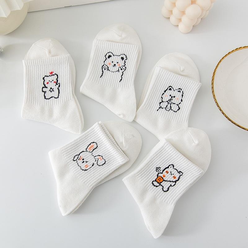 Tất cổ cao, vớ cổ cao nữ trắng hình thú dễ thương vải cotton co giãn thời trang Hàn