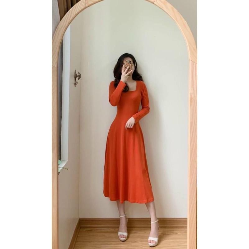 Váy dáng xòe cổ vuông dài tay &lt;3 Đầm xòe cổ u tôn dáng