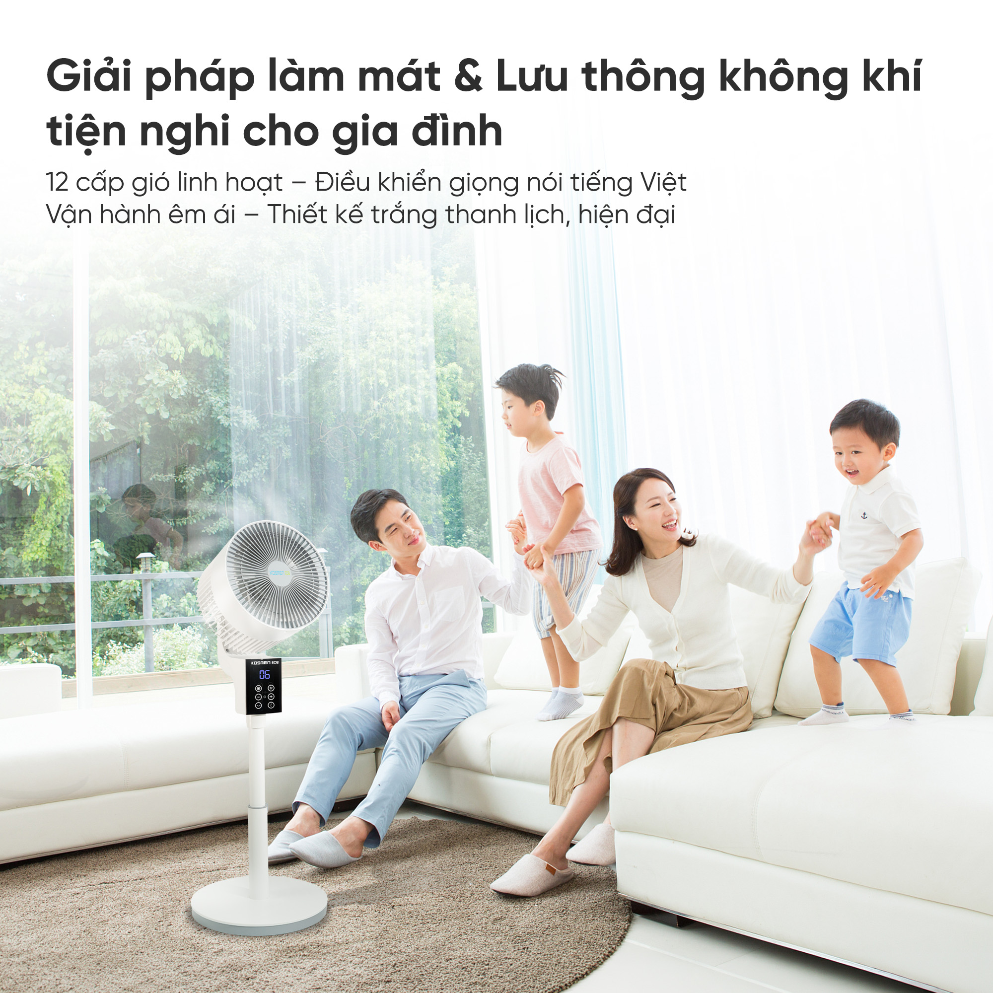 Quạt đối lưu không khí điều khiển bằng giọng nói Kosmen Eco ECO-F40AI-W, quạt thông minh, quạt điện (quạt đứng)