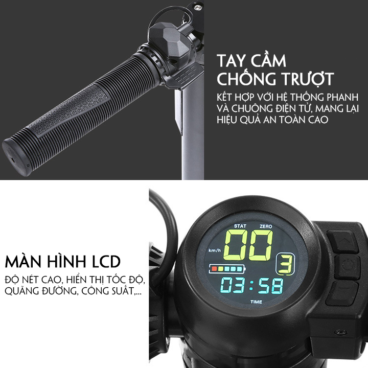 Xe scooter điện bánh 5,5 inch đồng hồ led 1 lần sạc đi 10km, động cơ không chổi than nam châm vĩnh cửu, có thể gấp gọn mang đi, phanh đôi, đèn pha led, tay chống trượt, mà hình LCD model mới