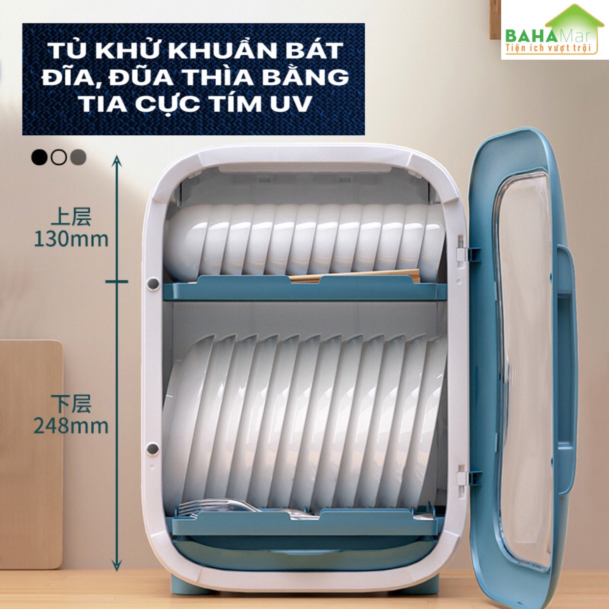 TỦ KHỬ KHUẨN BÁT ĐĨA, ĐŨA THÌA BẰNG TIA CỰC TÍM UV - MÁY KHỬ KHUẨN THÔNG MINH KHỬ TRÙNG ĐỒ BẾP "BAHAMAR" khử trùng tự nhiên và chức năng sấy khô. Hệ thống thông gió, khí tuần hoàn giữ khô ráo sạch sẽ.