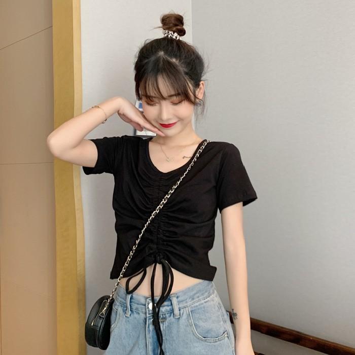 Áo thun nữ tay ngắn rút ngực cotton dày dặn, áo ulzzang nữ ngắn tay rút dây phong cách Hàn Quốc C61 - Maoshop