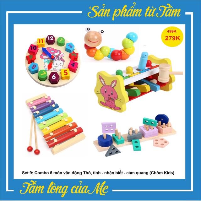 COMBO SET 5 MÓN ĐỒ CHƠI GỖ (1-5 TUỔI) VẬN ĐỘNG THÔ, TINH, NHẬN BIẾT, CẢM QUANG