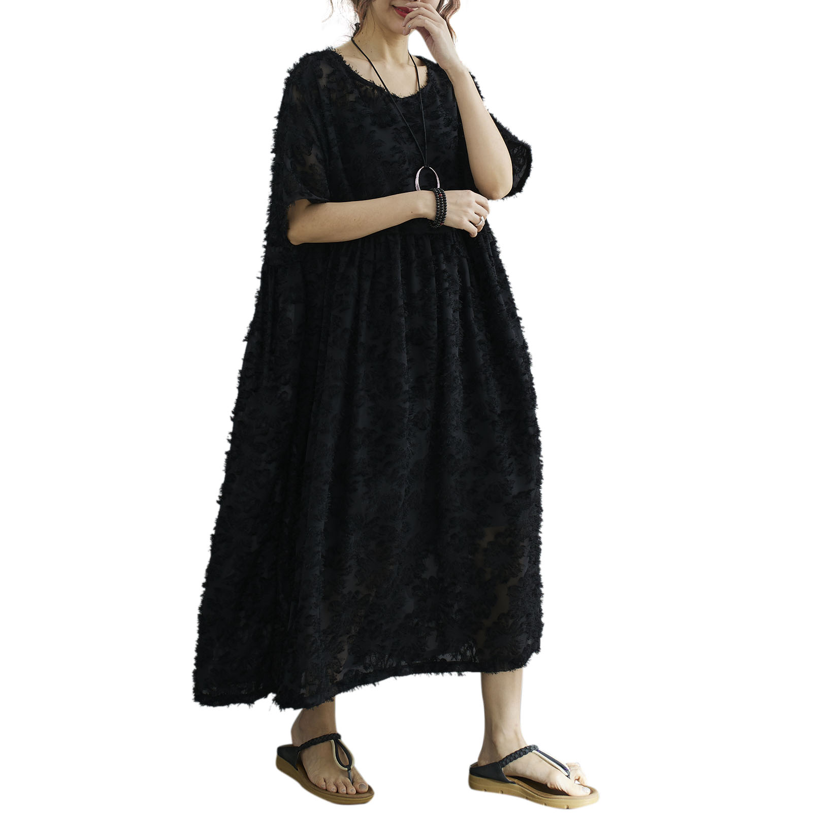 Women Floral Lace Dress Elegant Mid-Calf Loose O-Neck Short Sleeves Dress Plus Size