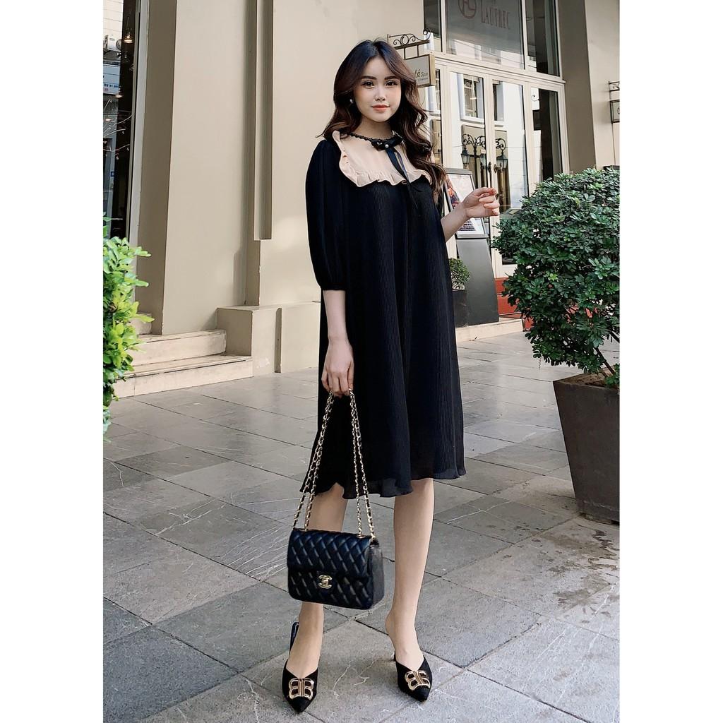 Váy suông xếp li phối cổ bèo đính nơ, dáng đầm xuông rộng freesize 2 màu, mã V938 - Michi's House